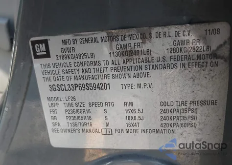 2009 Saturn Vue 4-Cyl Xe z USA, uszkodzony, nr VIN 3GSCL33P69S594201